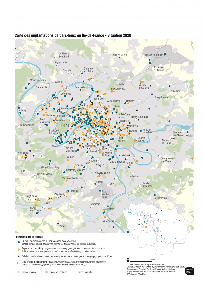 Carte des implantations de tiers-lieux en Ile-de-France - Situation 2020